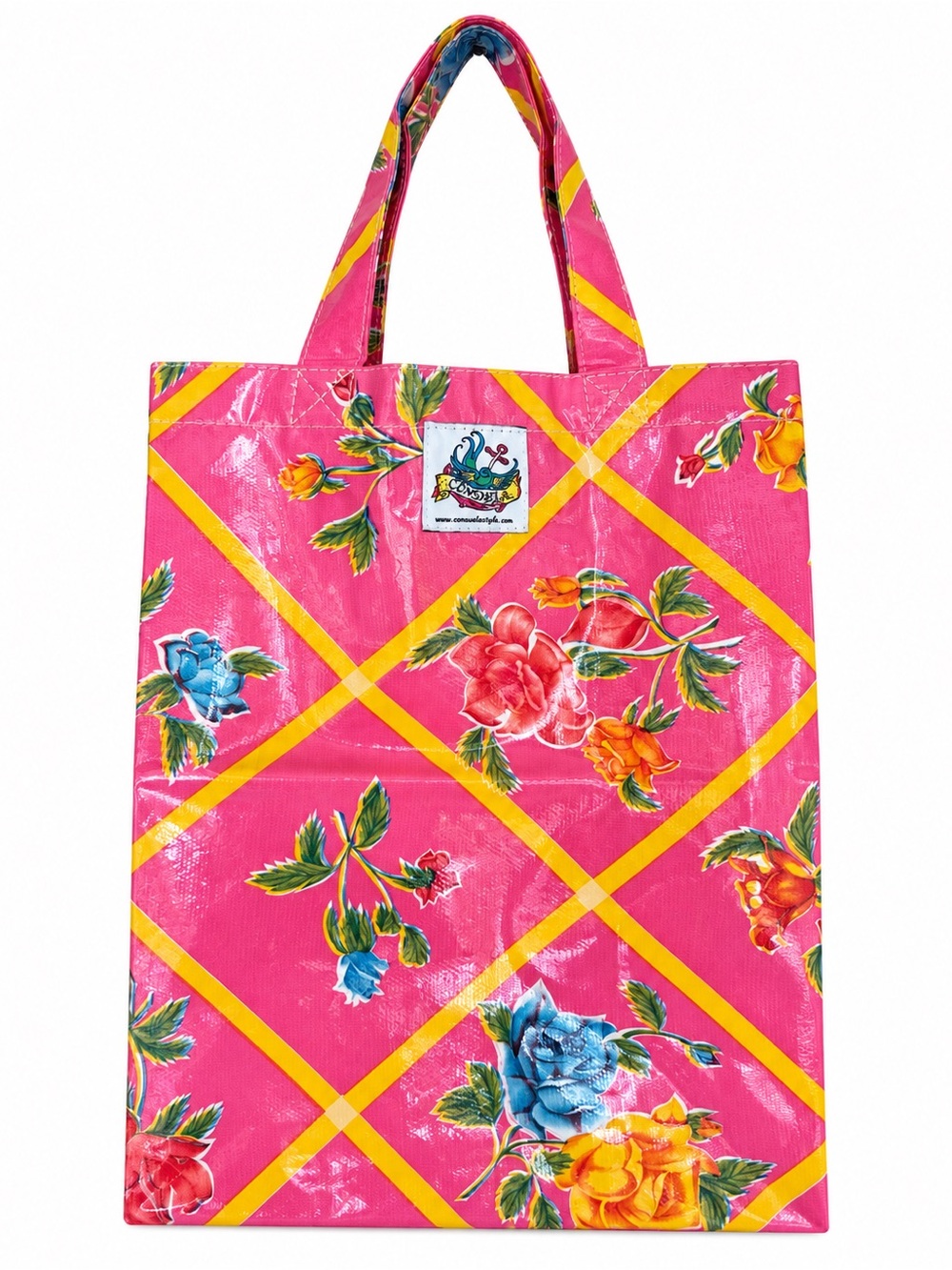 Consuela Pink Roses Oilcloth Tote Grab N Go Basic Bag Yellow Lattice